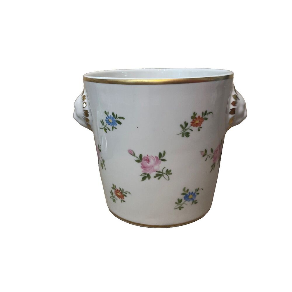 Limoges Porcelain White/Gold w Gold Lion Handles - Cache Pot/Planter/Bucket/Vase